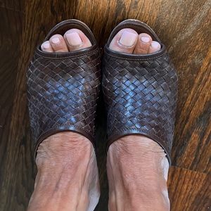 brown woven platform mules , look like Bottega